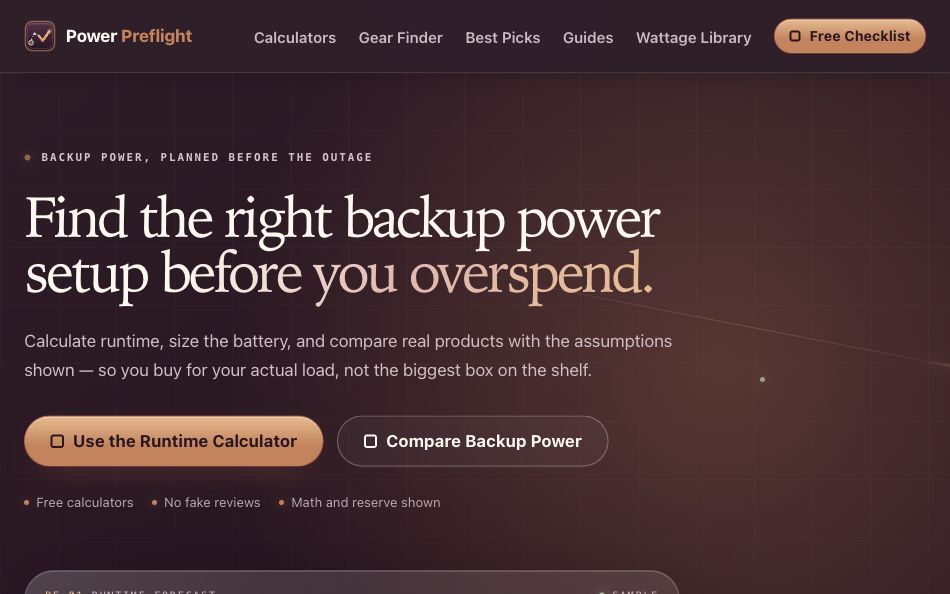 PowerPreflight homepage showing its current backup-power planning experience