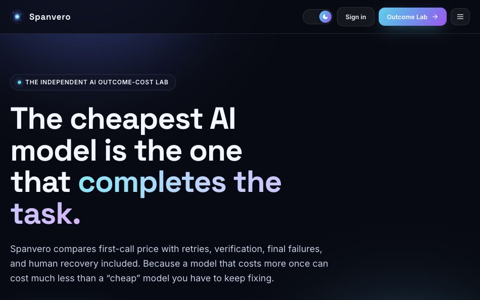 Spanvero homepage showing its AI outcome-cost experience